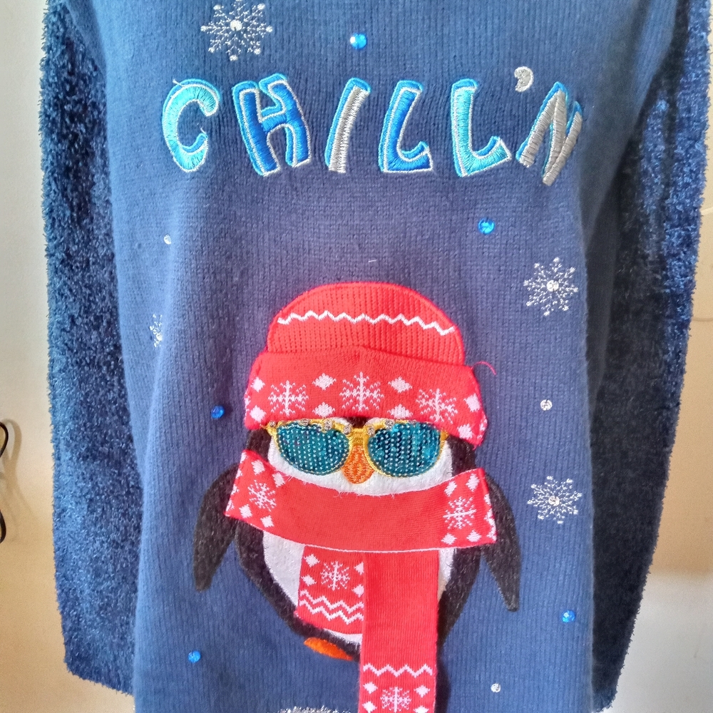 Holiday Time Navy Blue Penguin Print Chilln Sweater Women's Size XL - Picture 2 of 10